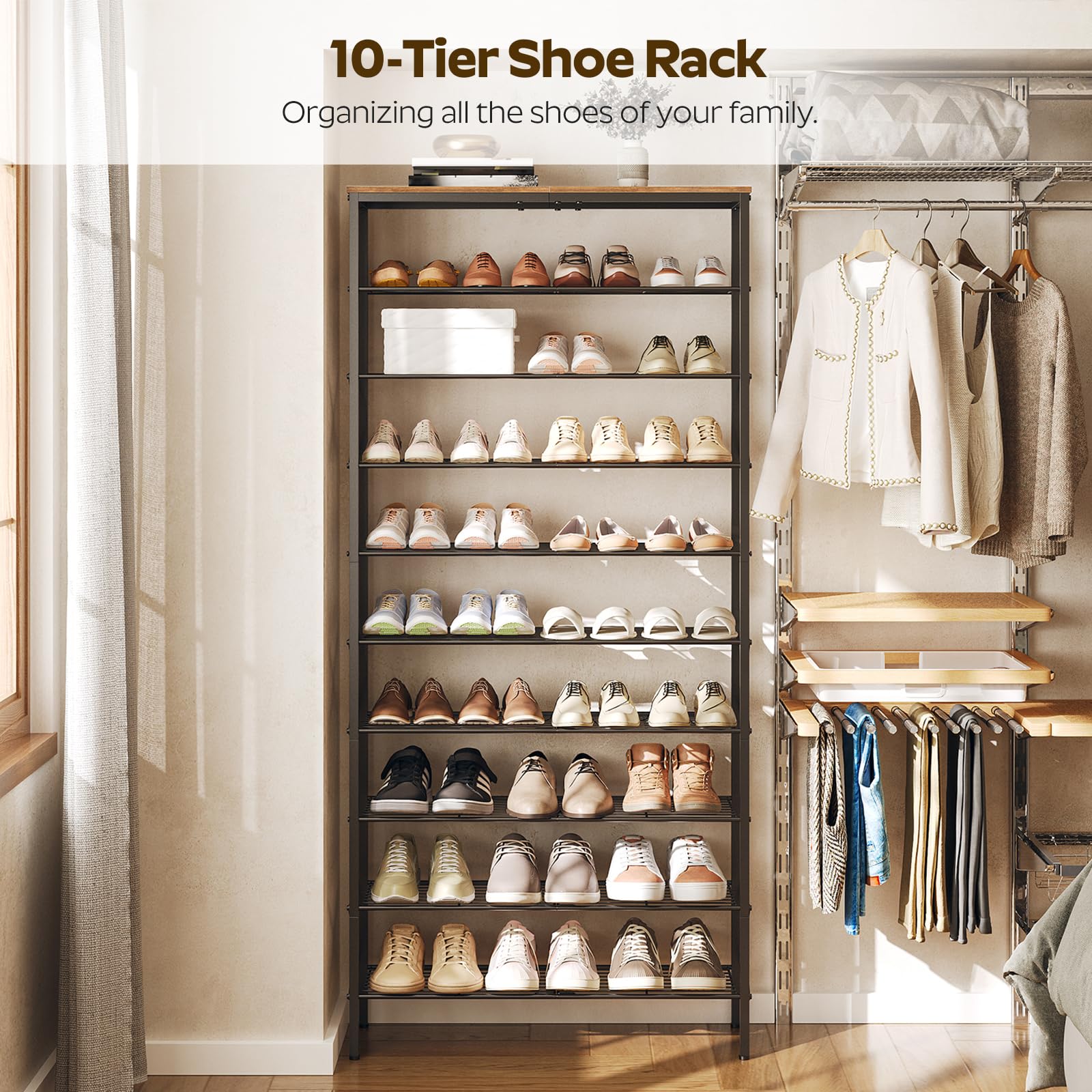 YATINEY 10 Tier Shoe Rack, Shoe Storage Organizer, Large Capacity Shoe Shelf Holds 40 Pairs of Shoes, Durable and Stable, for Entryway, Hallway, Closet, Dorm Room, Rustic Brown SS10BR