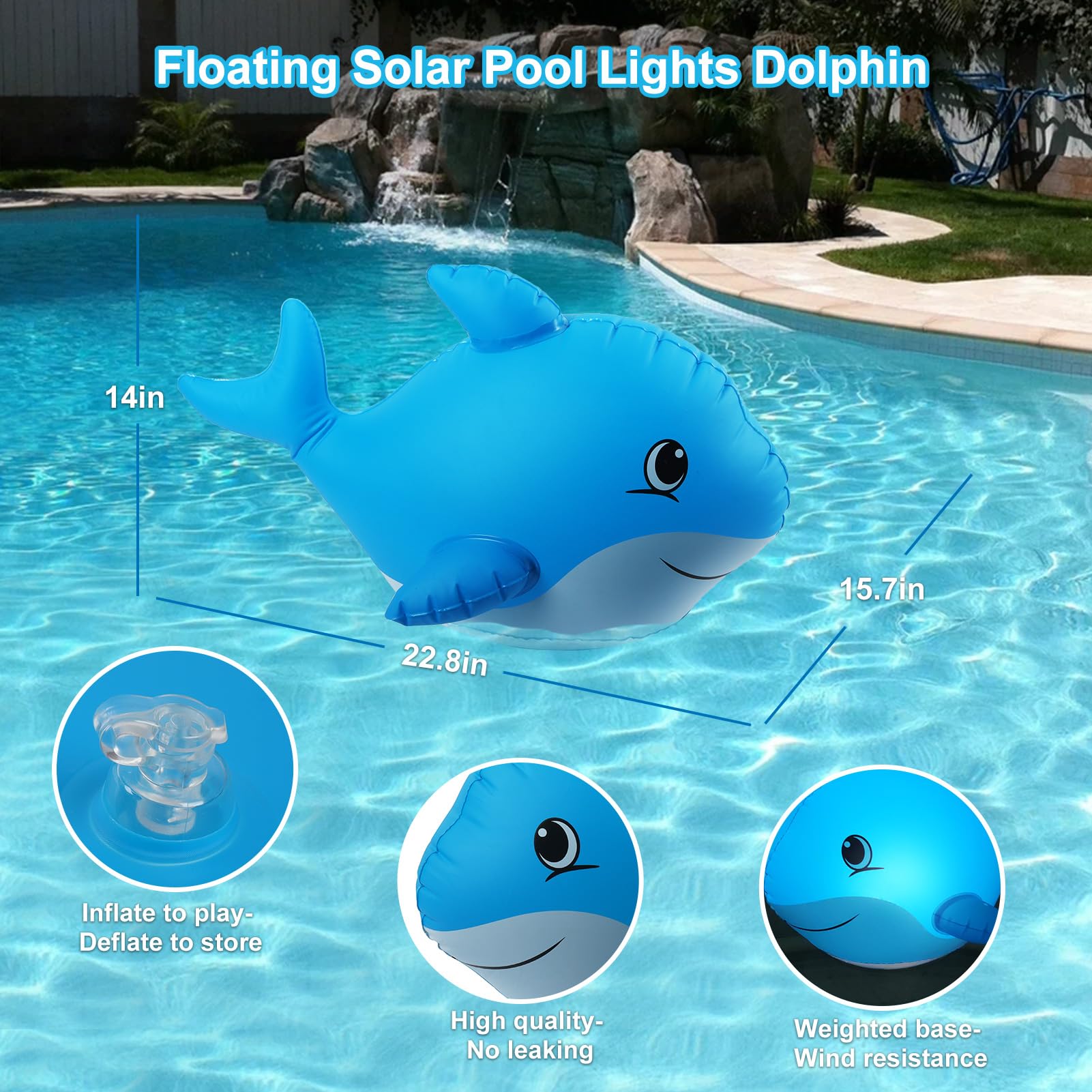 Goallim Solar Floating Pool Lights Dolphin, Glow in The Dark Solar Pool Lights That Float, IP68 Wateproof Inflatable Solar Powered Floating Lights for Pool Pond Wedding Party Decorations - 2PCS