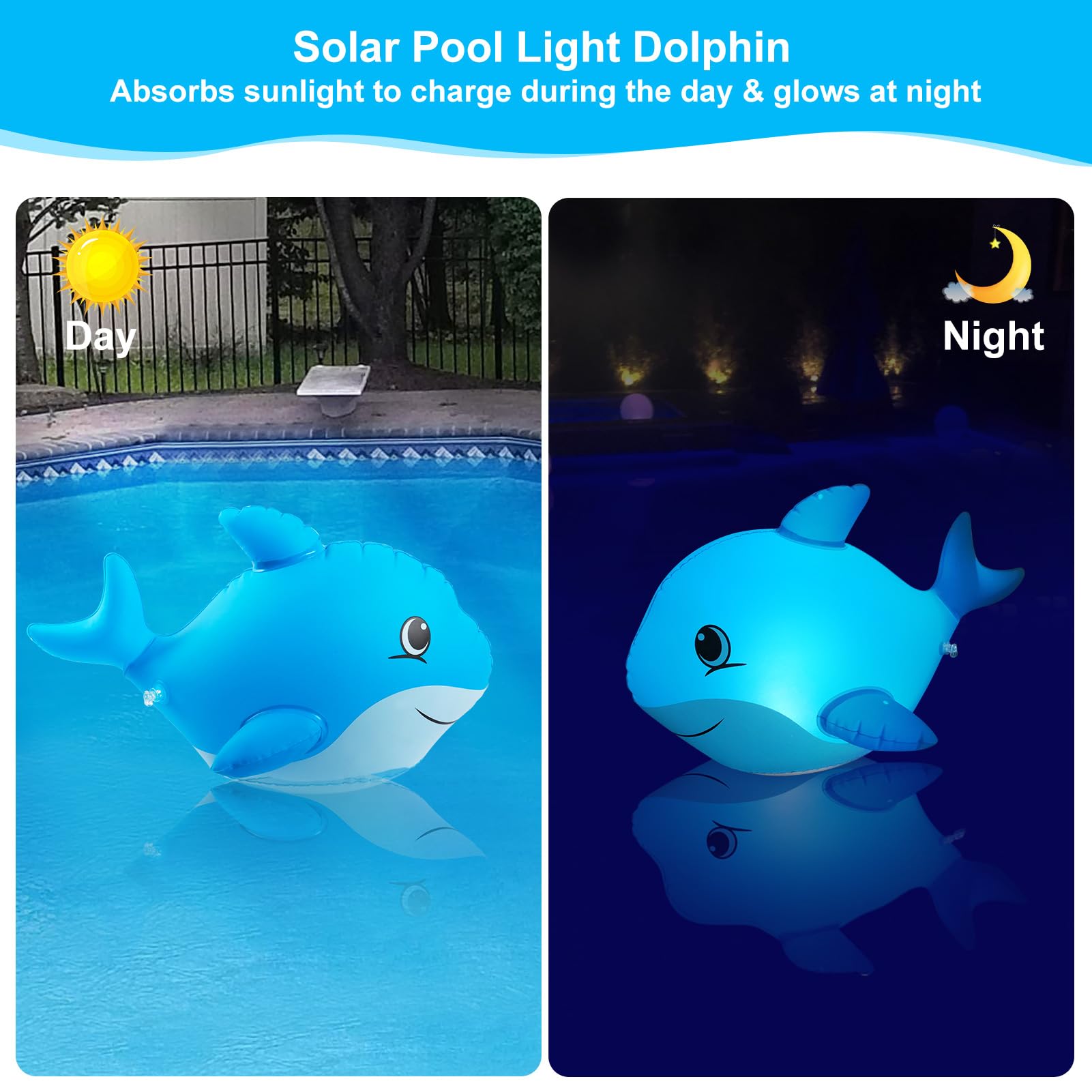 Goallim Solar Floating Pool Lights Dolphin, Glow in The Dark Solar Pool Lights That Float, IP68 Wateproof Inflatable Solar Powered Floating Lights for Pool Pond Wedding Party Decorations - 2PCS