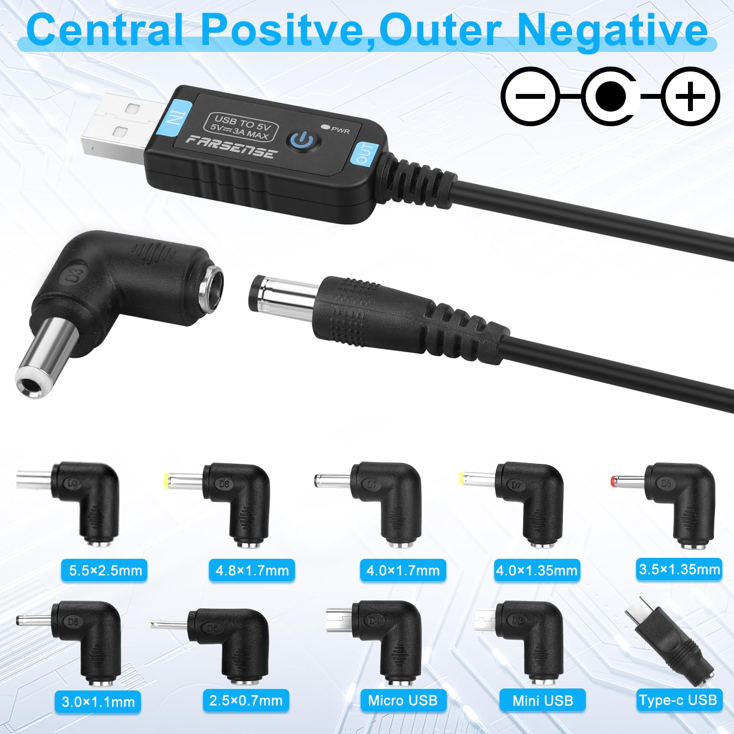 FARSENSE USB to DC 5V Power Cord, Universal DC 5.5x2.1mm Barrel Plug Charging Cable(3FT) with 10 Connector Tips,USB to Barrel Plug 5V Power Cable with On/Off Switch and Led Indicator