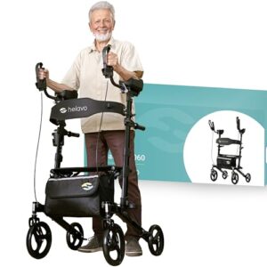 Helavo Upright Walker with Seat, 10" Front Wheels, 26.4 Wide - Foldable Stand Up Walker for Seniors with Padded Armrests - Tall Standing Rollator