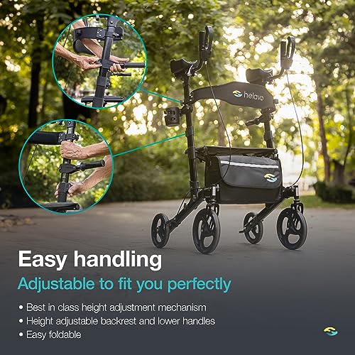 Helavo Upright Walker with Seat, 10" Front Wheels, 26.4 Wide - Foldable Stand Up Walker for Seniors with Padded Armrests - Tall Standing Rollator