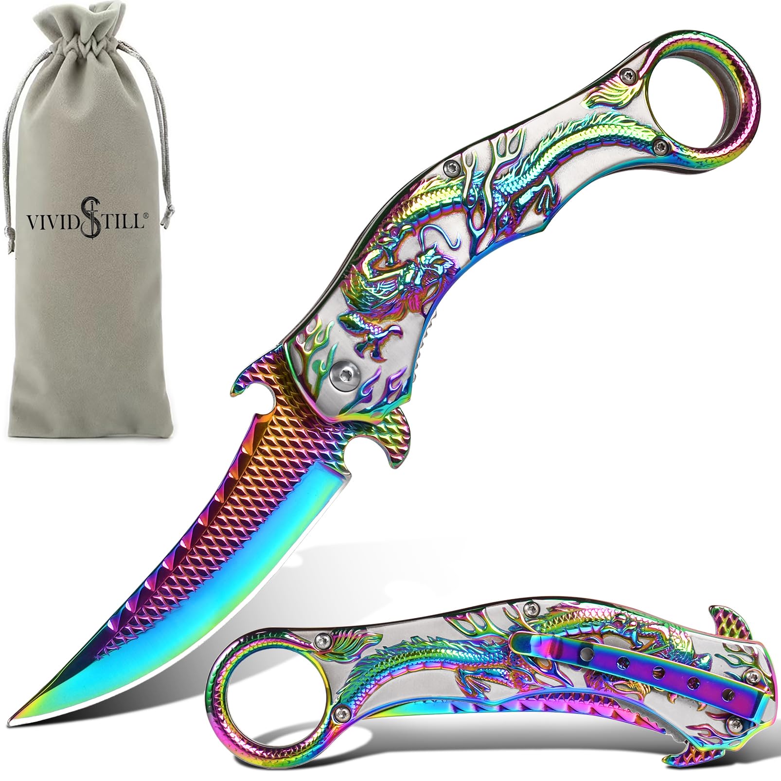 Vividstill Pocket Knife for Men, Cool Folding Knife With Embossed 3D Dragon Relief, Great Gift Edc Knife For Men Outdoor Survival Camping Hiking (Rainbow)