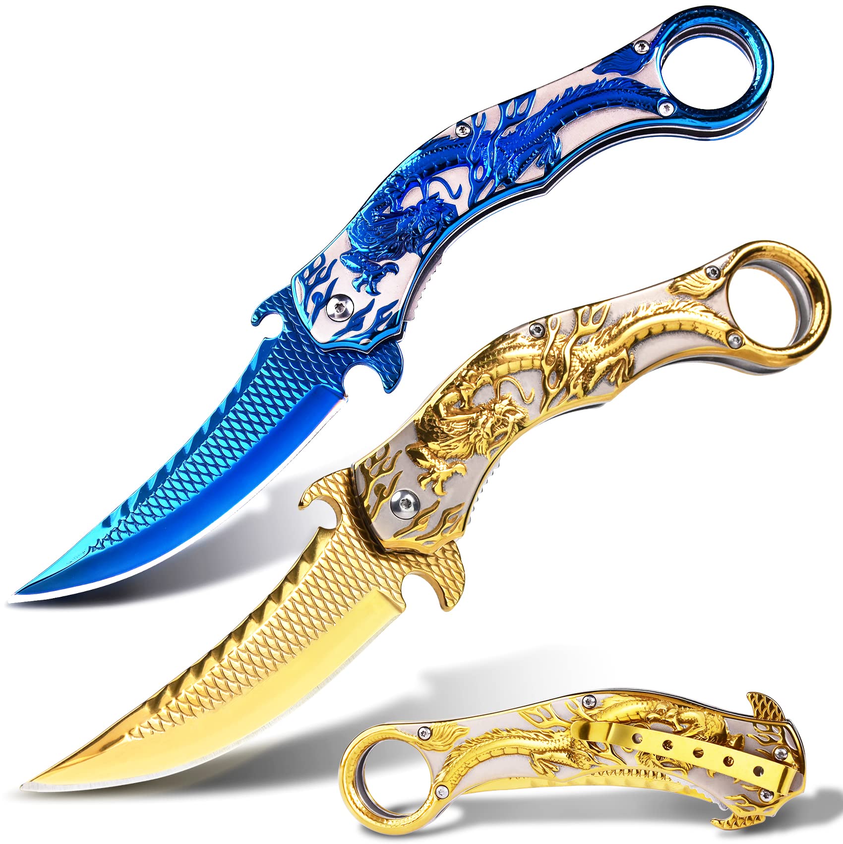 Vividstill Pocket Knife for Men, Cool Folding Knife With Embossed 3D Dragon Relief, Great Gift Edc Knife For Men Outdoor Survival Camping Hiking (Rainbow)