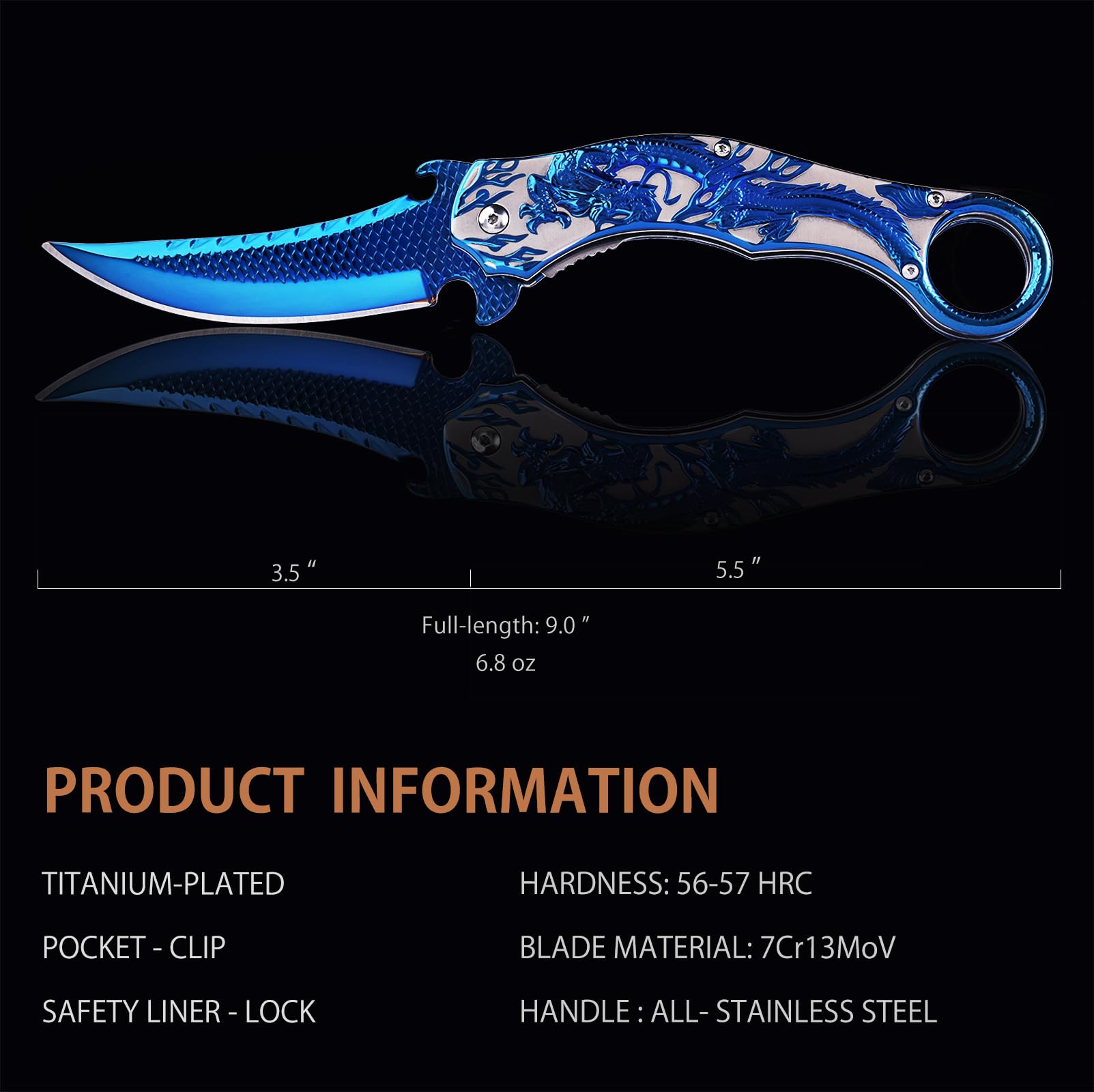 Vividstill Pocket Knife for Men, Cool Folding Knife With Embossed 3D Dragon Relief, Great Gift Edc Knife For Men Outdoor Survival Camping Hiking (Rainbow)