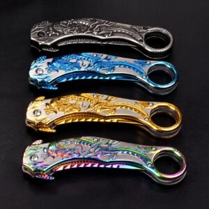 Vividstill Pocket Knife for Men, Cool Folding Knife With Embossed 3D Dragon Relief, Great Gift Edc Knife For Men Outdoor Survival Camping Hiking (Rainbow)