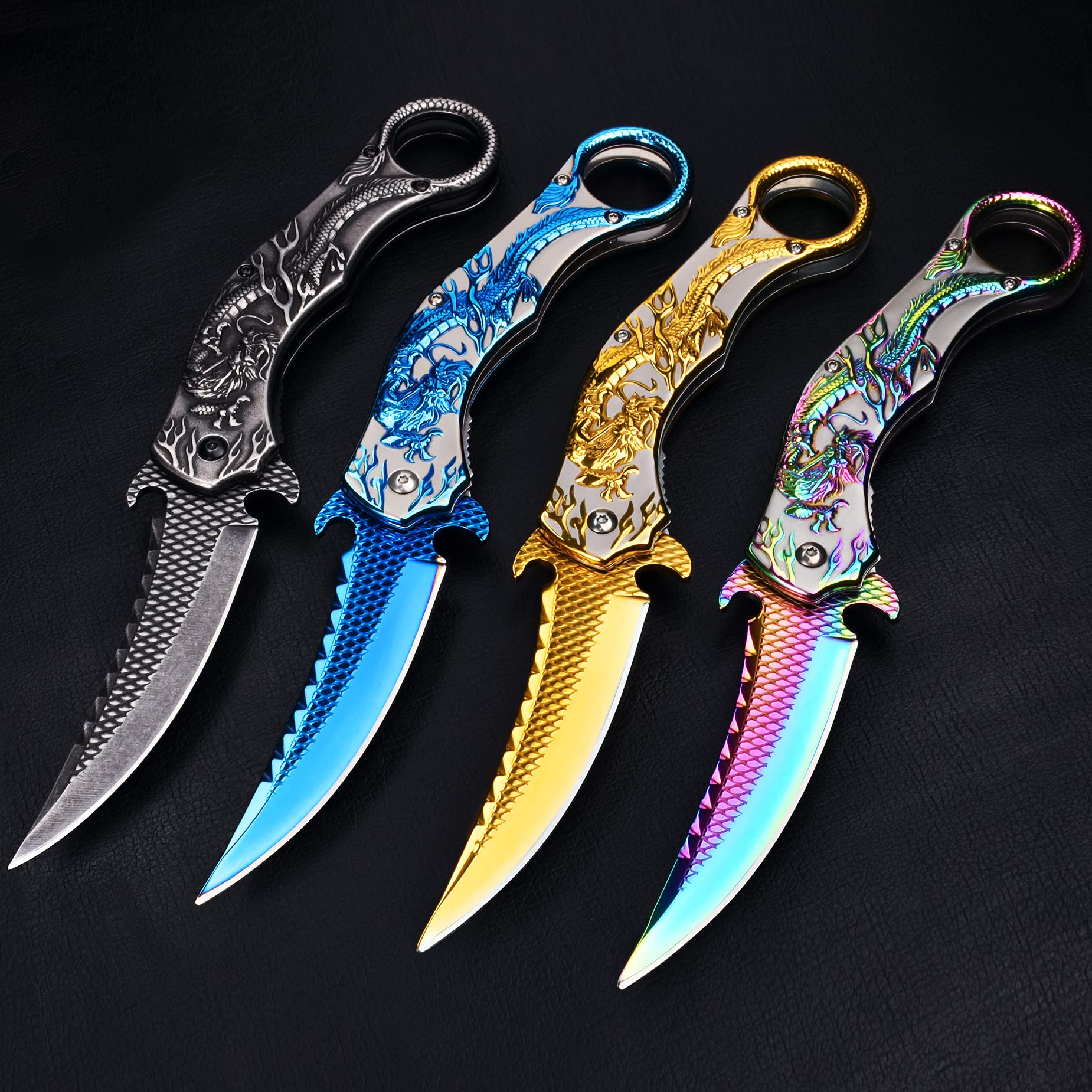 Vividstill Pocket Knife for Men, Cool Folding Knife With Embossed 3D Dragon Relief, Great Gift Edc Knife For Men Outdoor Survival Camping Hiking (Rainbow)