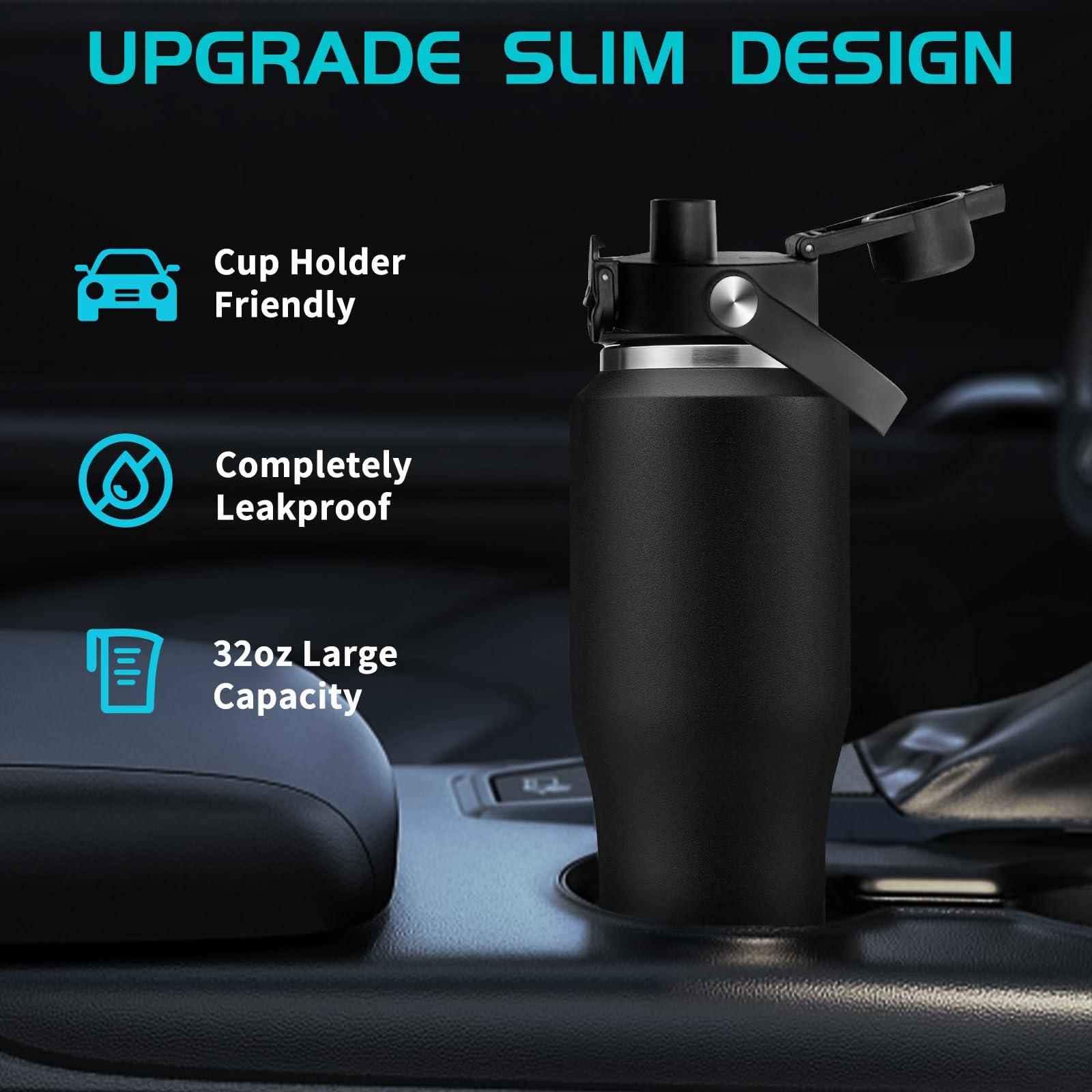 32oz Insulated Water Bottle Tumbler with Straw - Auto Spout Lid, Protective Boot, Carrier Pouch, Vacuum Stainless Steel Water Bottles Leak-Proof, Skinny Thermo Mug Flask Fit in Car Bike Cup Holder