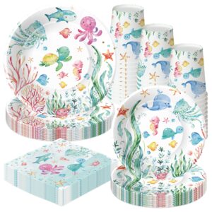 apowbls ocean under the sea party decorations dinnerware for birthday baby shower, ocean theme party supplies, plate, cup, napkin, underwater world sea life theme party decorations tableware, serve 48