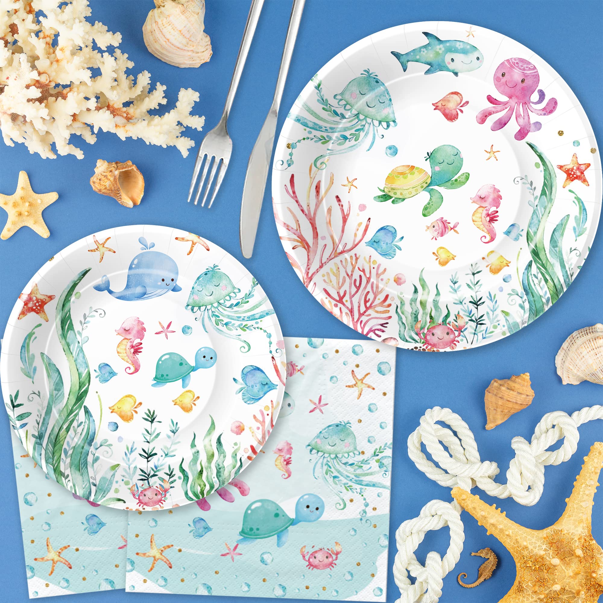 APOWBLS Ocean Under The Sea Party Decorations Dinnerware For Birthday Baby Shower, Ocean Theme Party Supplies, Plate, Cup, Napkin, Underwater World Sea Life Theme Party Decorations Tableware, Serve 48