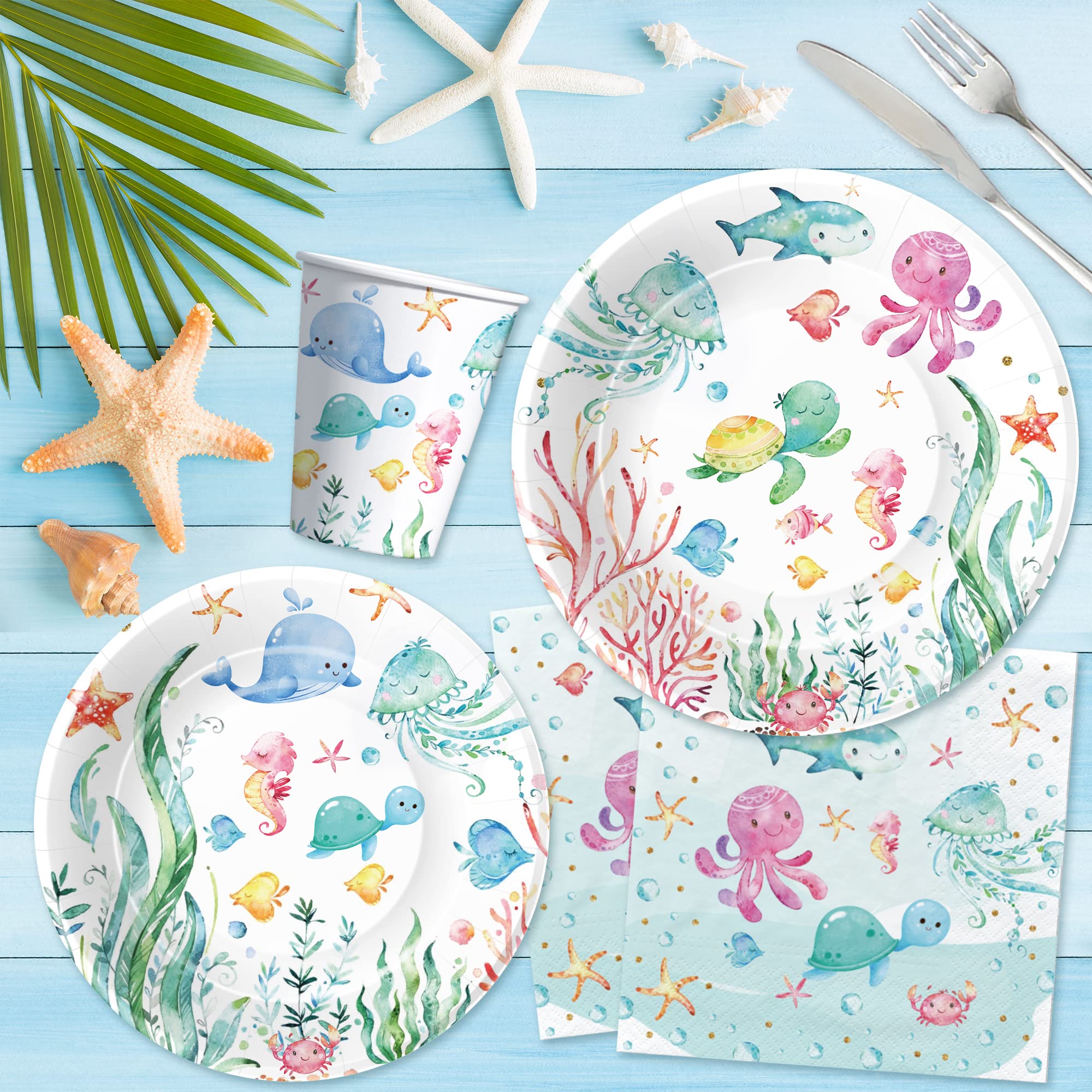 APOWBLS Ocean Under The Sea Party Decorations Dinnerware For Birthday Baby Shower, Ocean Theme Party Supplies, Plate, Cup, Napkin, Underwater World Sea Life Theme Party Decorations Tableware, Serve 48