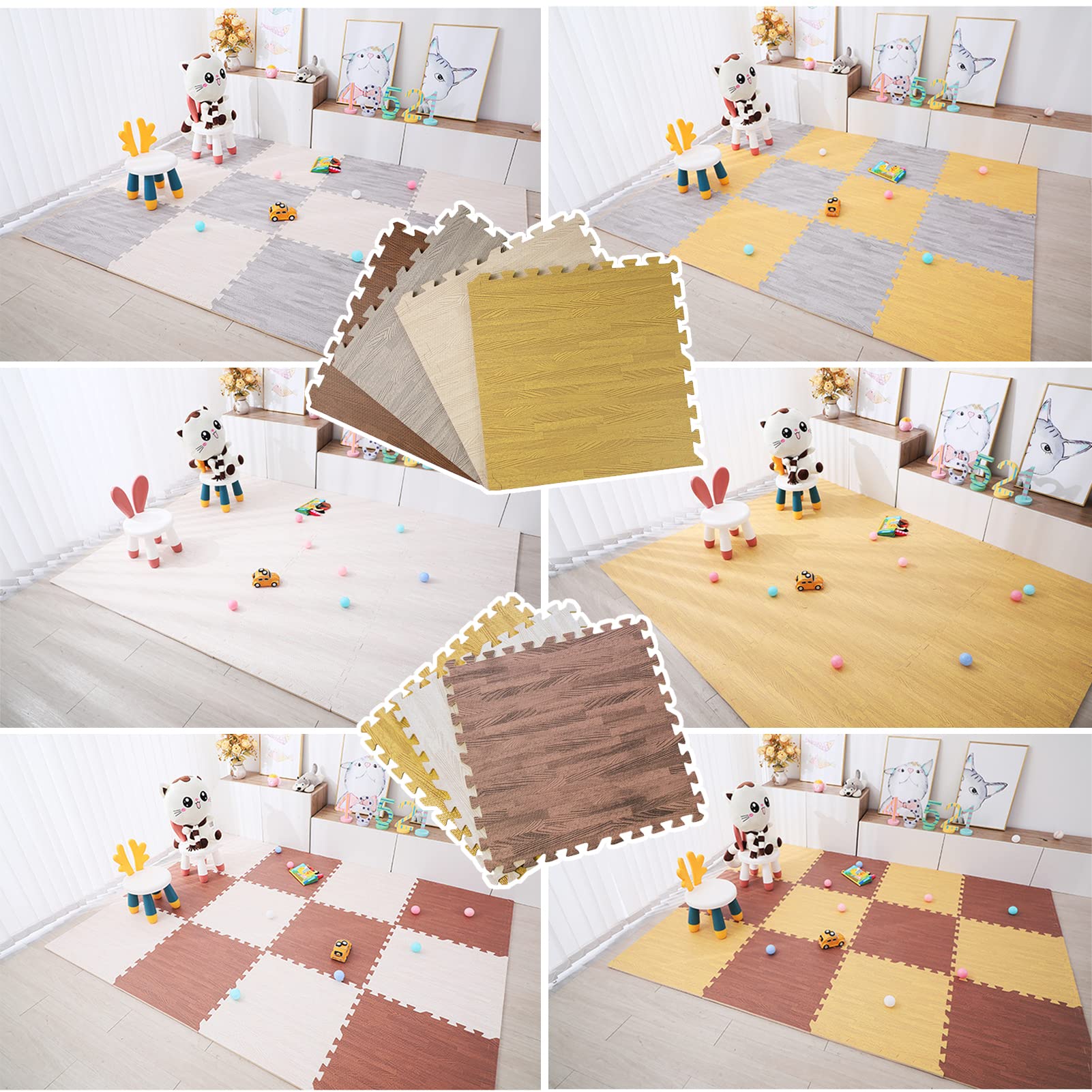 10PCS Interlocking Foam Tiles, Wood Grain Printed Floor Foam Mats with Border, Puzzle Flooring Mat for Home Playroom Basement, Waterproof Soft Crawling Mat(Size:60x60x1.2cm,Color:Light)