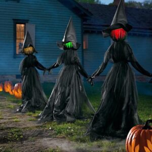 dazzle bright halloween decorations, 6 ft set of 3 light up halloween witch with stakes, witch decorations for outdoor garden yard lawn haunted house decor