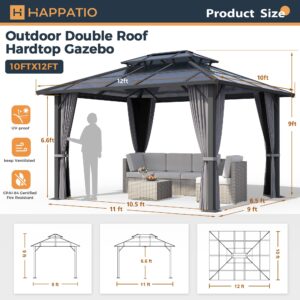 HAPPATIO Hardtop Gazebo, 10'x 12' Polycarbonate Double Roof Aluminum Furniture Gazebo, Outdoor Canopy with Netting and Curtains for Backyard, Patio, Parties, Lawns (Gray)