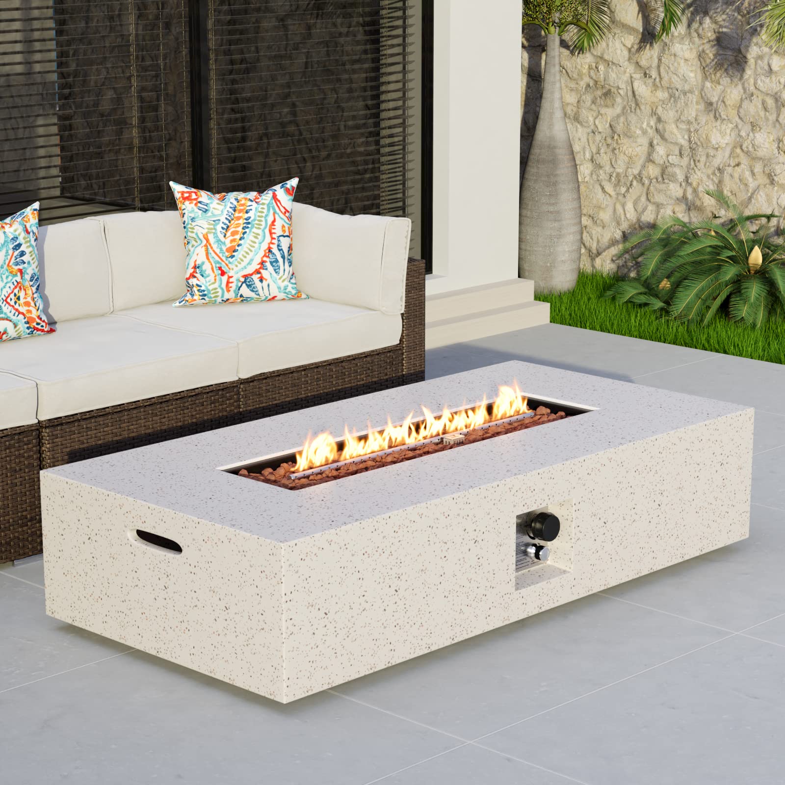 COSIEST 56-inch x 28-inch Outdoor Propane Fire Pit Coffee Table w Concrete Rectangle Base, 50,000 BTU, Free Lava Rocks and RainCover, Fits 20lb Tank Outside