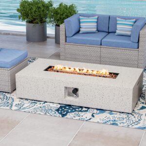 COSIEST 56-inch x 28-inch Outdoor Propane Fire Pit Coffee Table w Concrete Rectangle Base, 50,000 BTU, Free Lava Rocks and RainCover, Fits 20lb Tank Outside