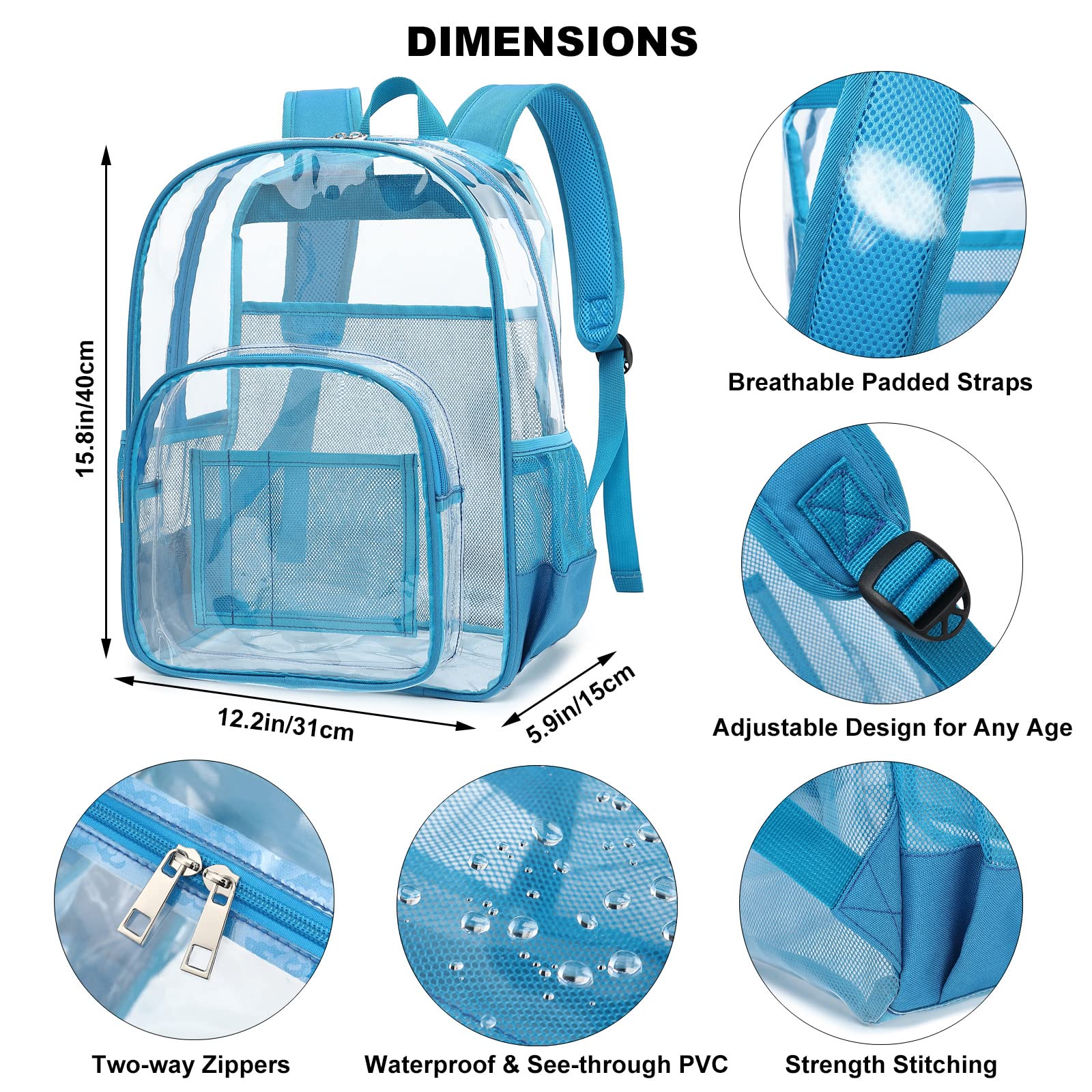 Dezcrab Clear Backpack School Backpack Bookbag for Girls Boys Women Men, Heavy Duty See Through Transparent Backpacks (Peacock Blue)