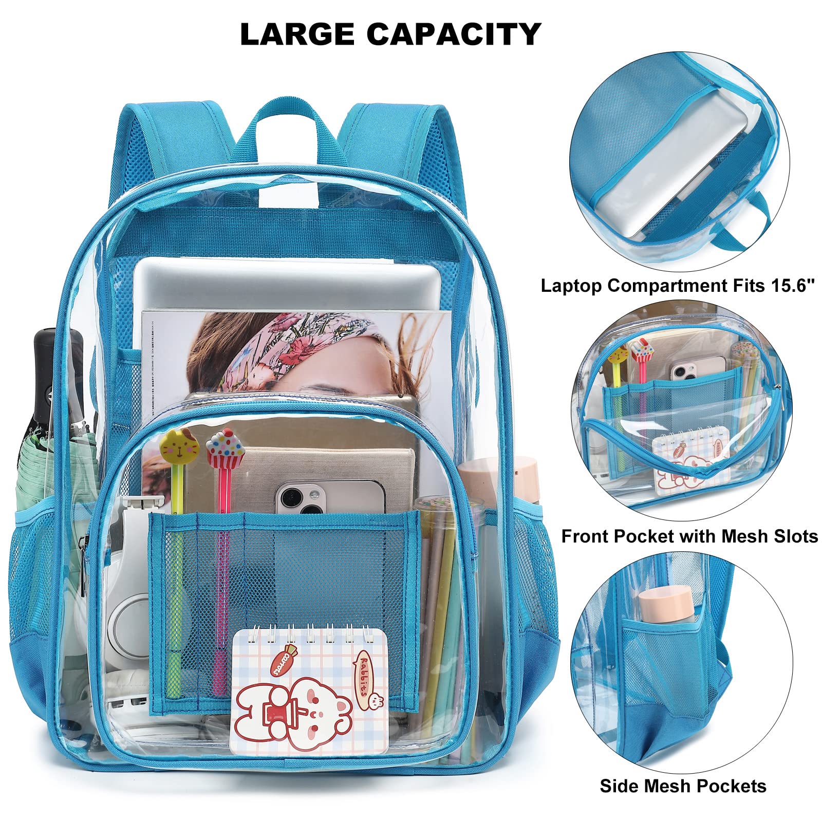 Dezcrab Clear Backpack School Backpack Bookbag for Girls Boys Women Men, Heavy Duty See Through Transparent Backpacks (Peacock Blue)