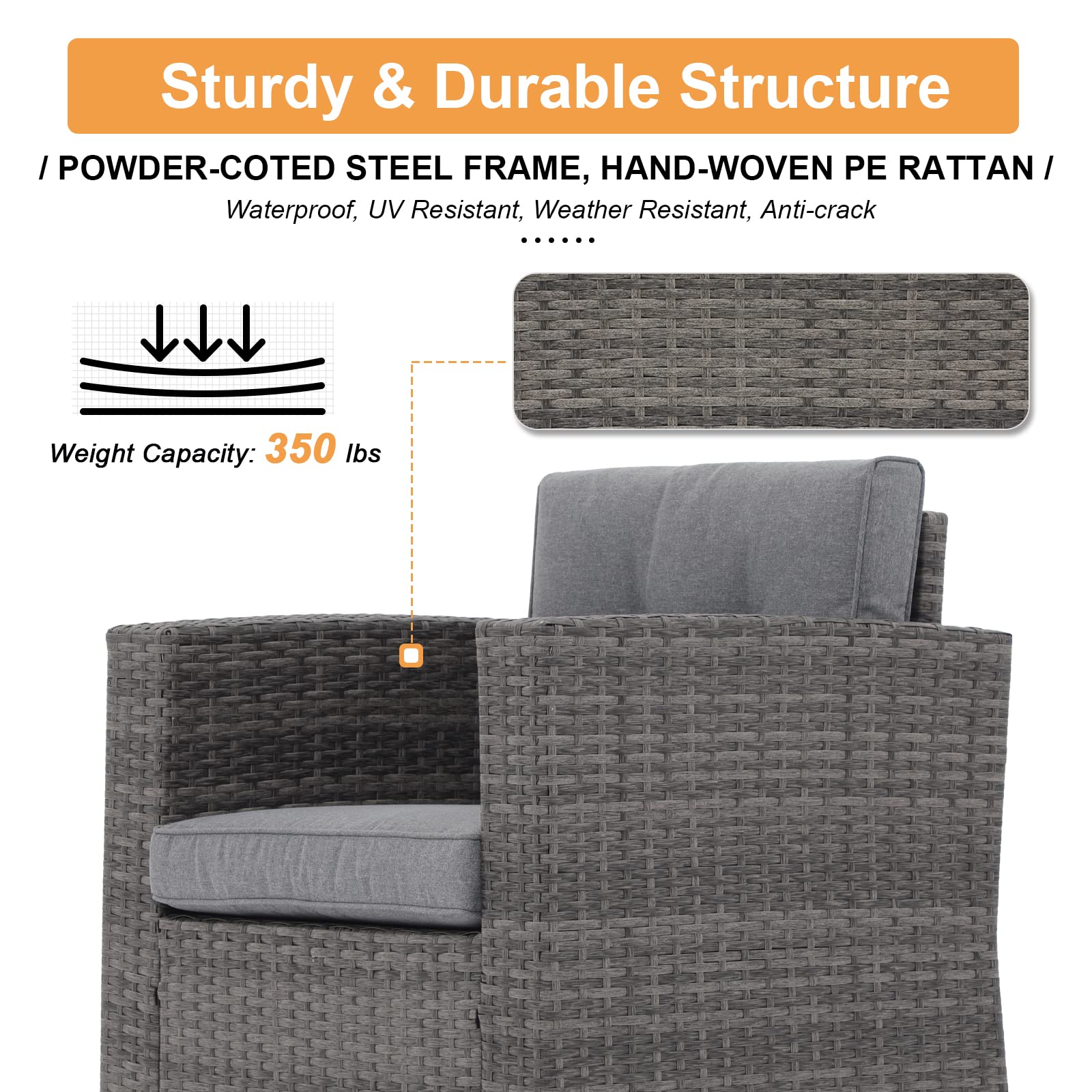 Super Patio 5 Piece Wicker Outdoor Sofa Set, Patio Conversation Set with Ottoman Set, Outdoor Couch Set with Tempered Glass Side Table for Poolside, Front Porch, Deck, Garden, Gray Wicker