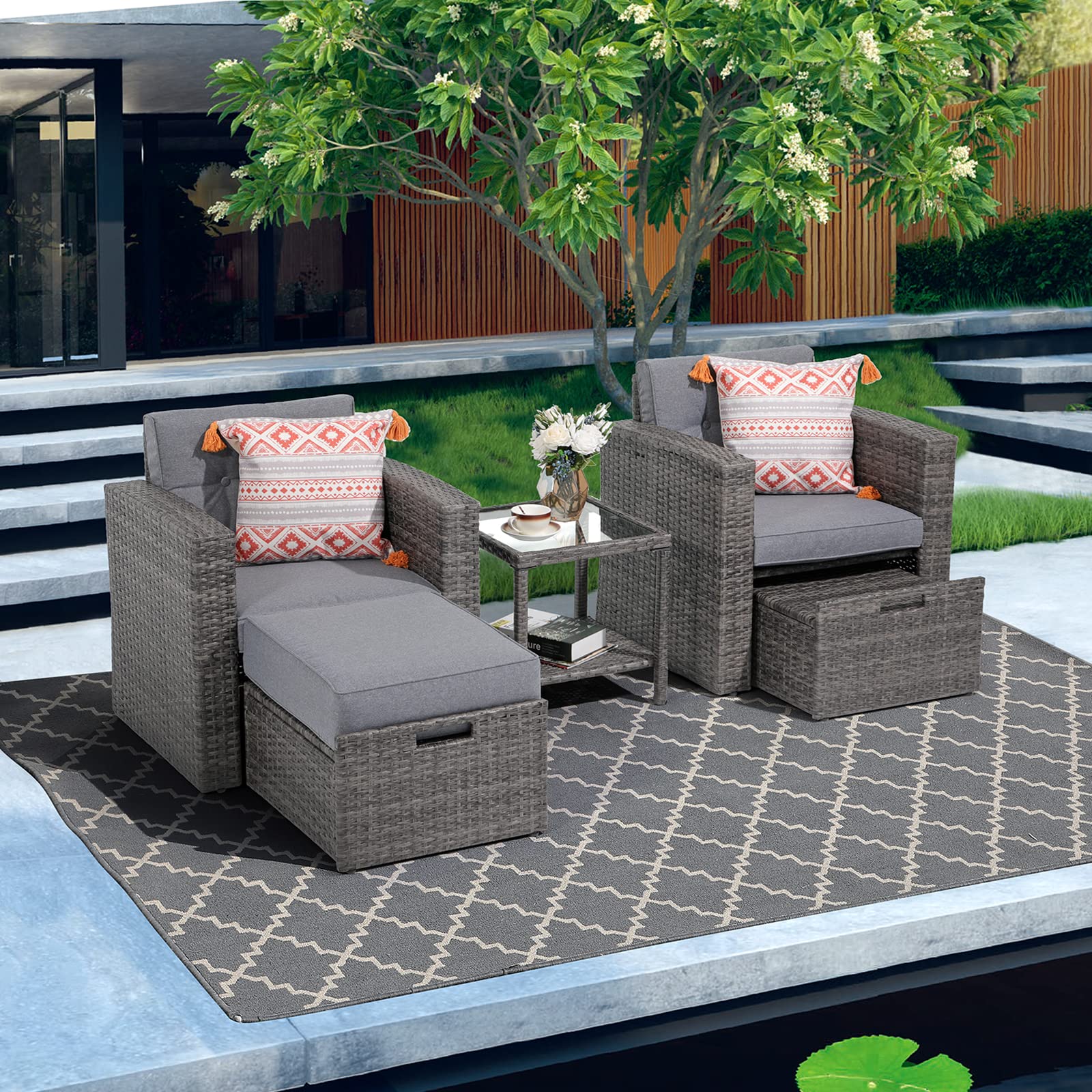 Super Patio 5 Piece Wicker Outdoor Sofa Set, Patio Conversation Set with Ottoman Set, Outdoor Couch Set with Tempered Glass Side Table for Poolside, Front Porch, Deck, Garden, Gray Wicker