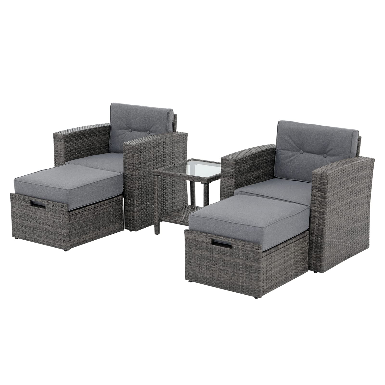 Super Patio 5 Piece Wicker Outdoor Sofa Set, Patio Conversation Set with Ottoman Set, Outdoor Couch Set with Tempered Glass Side Table for Poolside, Front Porch, Deck, Garden, Gray Wicker