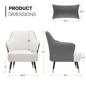 MoNiBloom Accent Upholstered Chair for Living Room Bedroom, Mid-Century Modern Leatheraire Sofa Chair Reading Chair w/Lumbar Pillow for Reading, Metal Legs White/Gray Contrasting Colors Comfy Chair