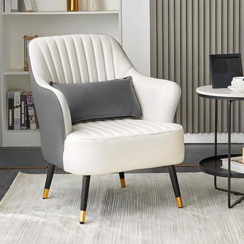 MoNiBloom Accent Upholstered Chair for Living Room Bedroom, Mid-Century Modern Leatheraire Sofa Chair Reading Chair w/Lumbar Pillow for Reading, Metal Legs White/Gray Contrasting Colors Comfy Chair