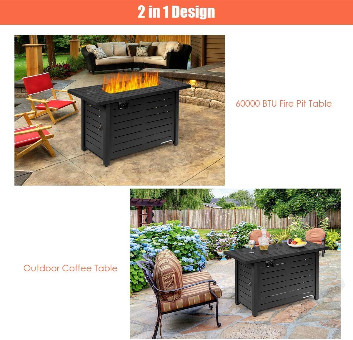 HAPPYGRILL 42" Fire Pit Table Propane Gas Fire Table with Lid, 60,000 BTU Gas Burner Stove Fire Table for Outdoor Patio Backyard