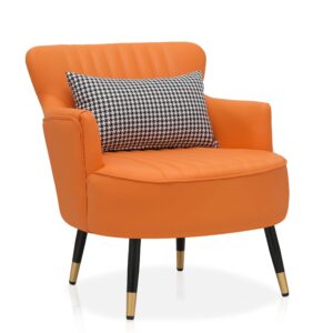 monibloom accent chair modern armchair single sofa chair with lumbar pillow, mid century modern comfortable leatheraire reading chair for living room bedroom, metal legs back club arm chair, orange