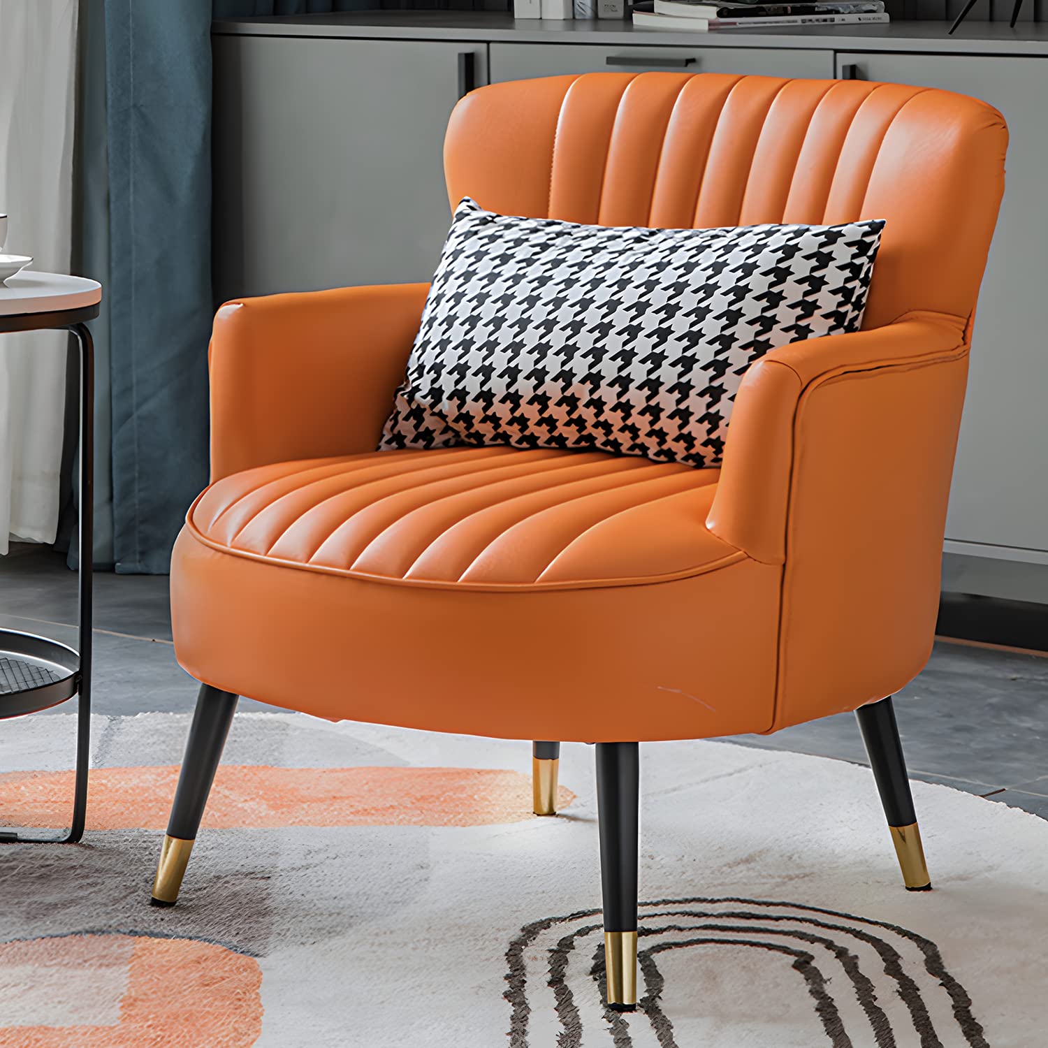 MoNiBloom Accent Chair Modern Armchair Single Sofa Chair with Lumbar Pillow, Mid Century Modern Comfortable Leatheraire Reading Chair for Living Room Bedroom, Metal Legs Back Club Arm Chair, Orange