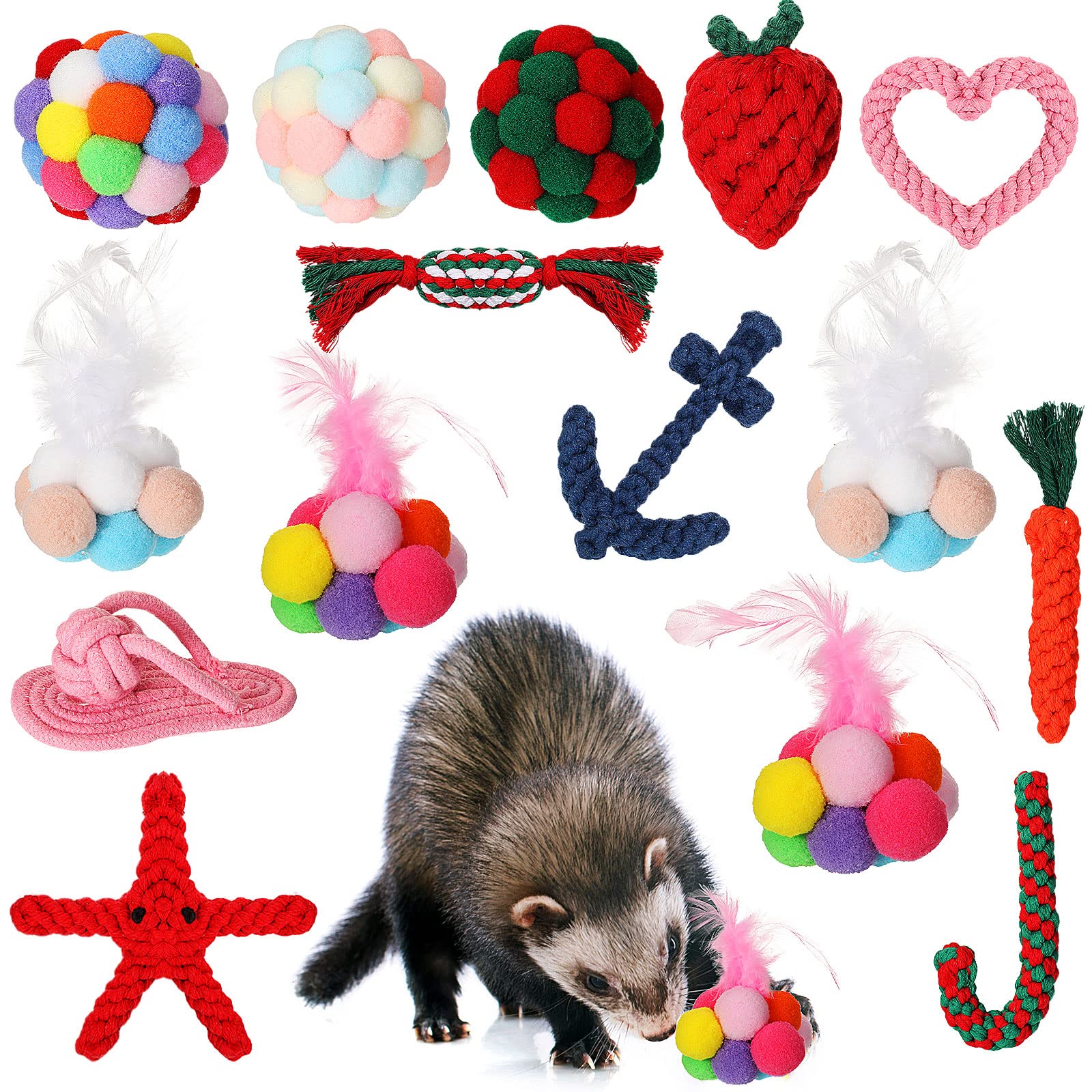 Sotiff 15 Pcs Ferret Toys Include 8 Ferret Rope Chew Toys and 7 Ferret Ball with Bell Toys for Guinea Pigs, Ferret Cage Accessories Durable Knotted Rope Tug Colorful Pompom Balls Interactive Sound Toy