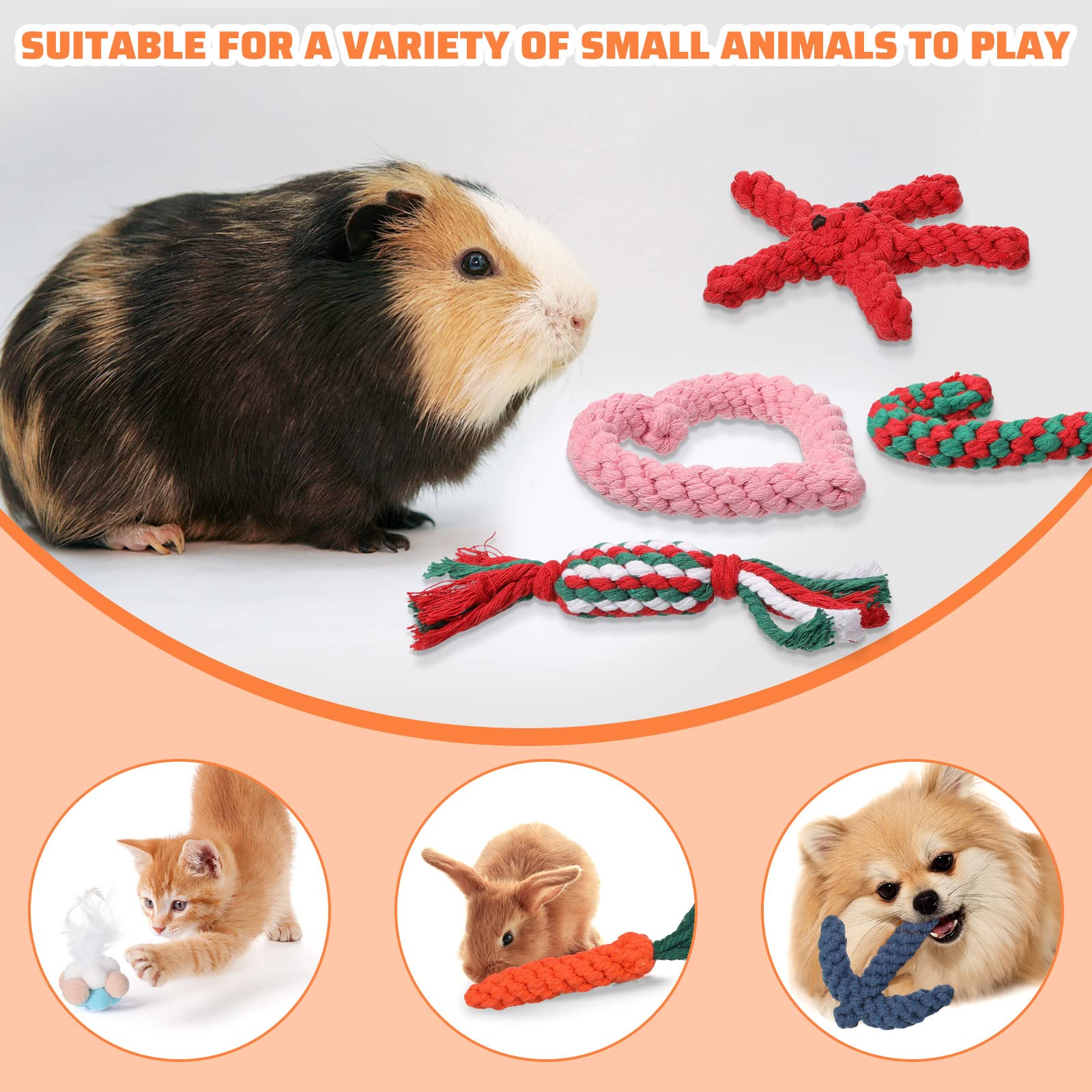 Sotiff 15 Pcs Ferret Toys Include 8 Ferret Rope Chew Toys and 7 Ferret Ball with Bell Toys for Guinea Pigs, Ferret Cage Accessories Durable Knotted Rope Tug Colorful Pompom Balls Interactive Sound Toy