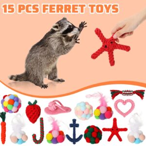 Sotiff 15 Pcs Ferret Toys Include 8 Ferret Rope Chew Toys and 7 Ferret Ball with Bell Toys for Guinea Pigs, Ferret Cage Accessories Durable Knotted Rope Tug Colorful Pompom Balls Interactive Sound Toy