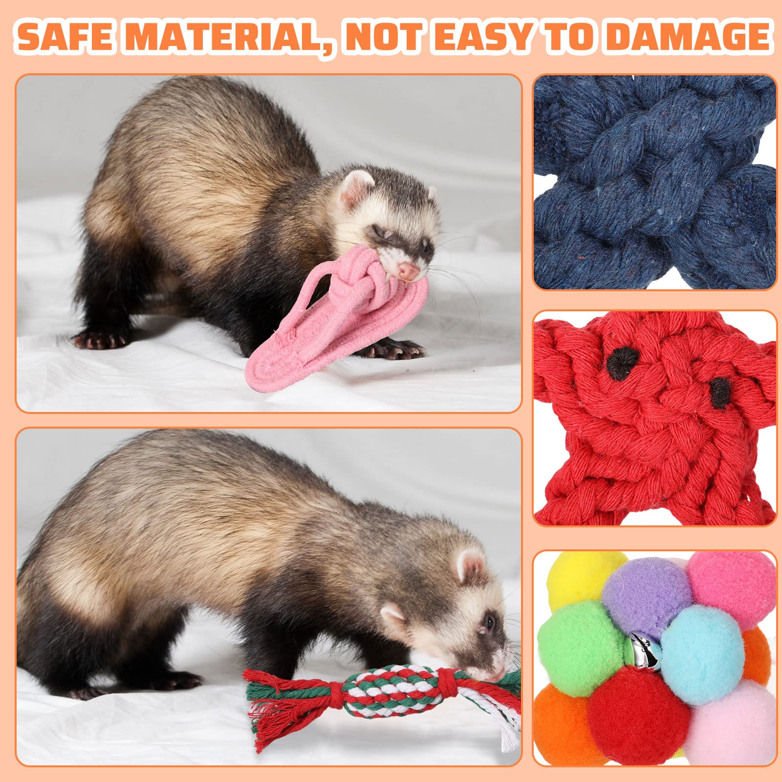 Sotiff 15 Pcs Ferret Toys Include 8 Ferret Rope Chew Toys and 7 Ferret Ball with Bell Toys for Guinea Pigs, Ferret Cage Accessories Durable Knotted Rope Tug Colorful Pompom Balls Interactive Sound Toy