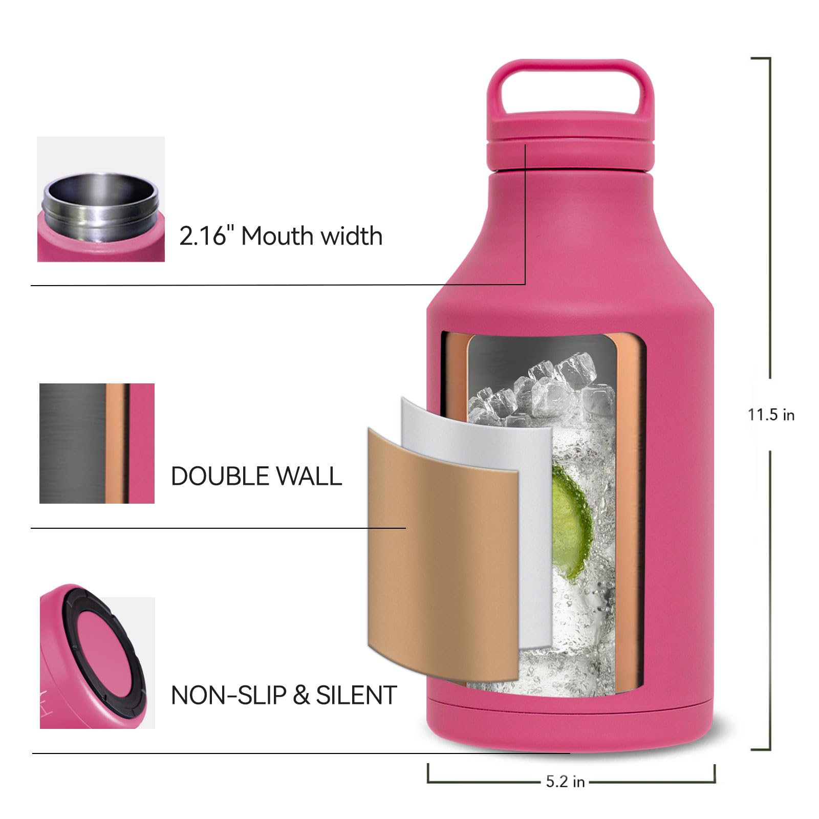 HYDRO H2O 64oz Stainless Steel Water Bottle, 1/2 gallon Vacuum Insulated Durable Jug, BPA-Free Metal Flask,Lightweight Double Wall Large Thermos for camping,sports,Gym, (Half Gallon Pink)