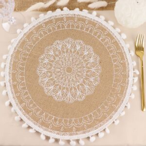 tableclothsfactory 4 pack | natural 15" jute & white embroidery mandala print placemats, rustic round woven burlap tassel table mats with beaded edges