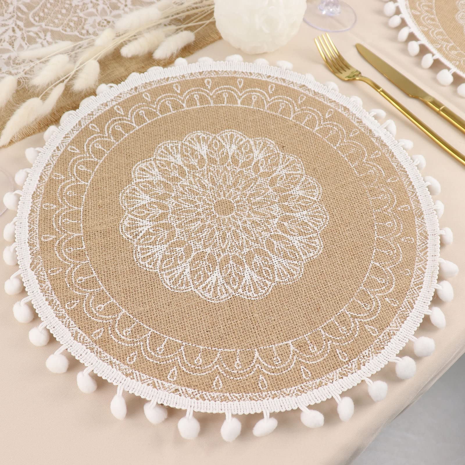 TABLECLOTHSFACTORY 4 Pack | Natural 15" Jute & White Embroidery Mandala Print Placemats, Rustic Round Woven Burlap Tassel Table Mats with Beaded Edges