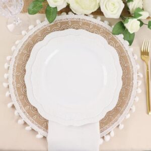 TABLECLOTHSFACTORY 4 Pack | Natural 15" Jute & White Embroidery Mandala Print Placemats, Rustic Round Woven Burlap Tassel Table Mats with Beaded Edges