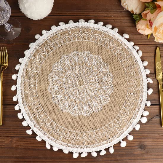 TABLECLOTHSFACTORY 4 Pack | Natural 15" Jute & White Embroidery Mandala Print Placemats, Rustic Round Woven Burlap Tassel Table Mats with Beaded Edges