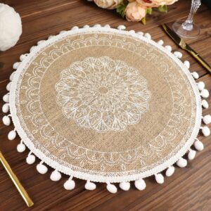 TABLECLOTHSFACTORY 4 Pack | Natural 15" Jute & White Embroidery Mandala Print Placemats, Rustic Round Woven Burlap Tassel Table Mats with Beaded Edges