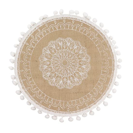 TABLECLOTHSFACTORY 4 Pack | Natural 15" Jute & White Embroidery Mandala Print Placemats, Rustic Round Woven Burlap Tassel Table Mats with Beaded Edges