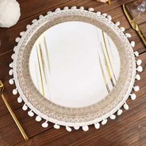 TABLECLOTHSFACTORY 4 Pack | Natural 15" Jute & White Embroidery Mandala Print Placemats, Rustic Round Woven Burlap Tassel Table Mats with Beaded Edges