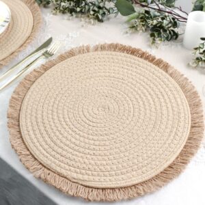 tableclothsfactory 4 pack | 15" round natural rustic burlap jute placemats fringed edges, farmhouse placemats with trim