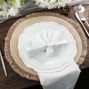 TABLECLOTHSFACTORY 4 Pack | 15" Round Natural Rustic Burlap Jute Placemats Fringed Edges, Farmhouse Placemats with Trim