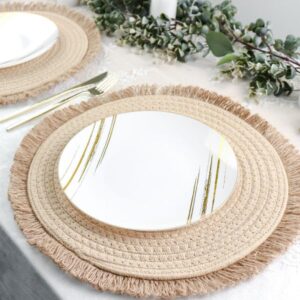 TABLECLOTHSFACTORY 4 Pack | 15" Round Natural Rustic Burlap Jute Placemats Fringed Edges, Farmhouse Placemats with Trim