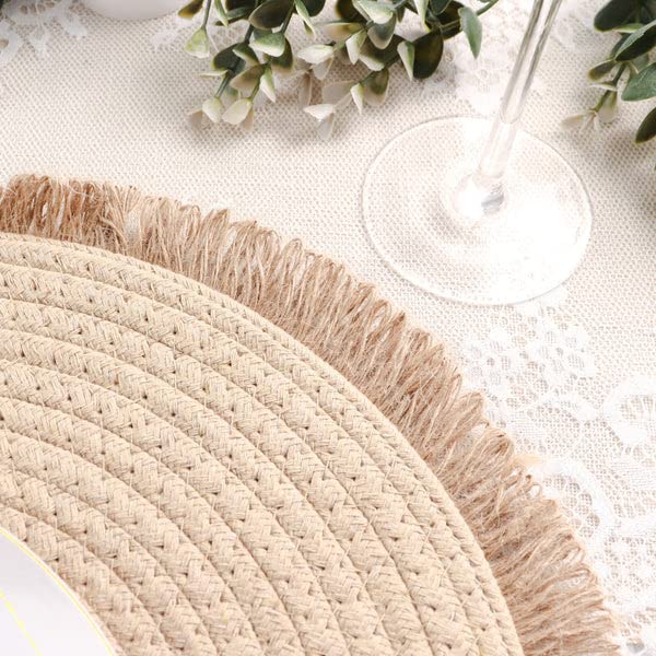 TABLECLOTHSFACTORY 4 Pack | 15" Round Natural Rustic Burlap Jute Placemats Fringed Edges, Farmhouse Placemats with Trim