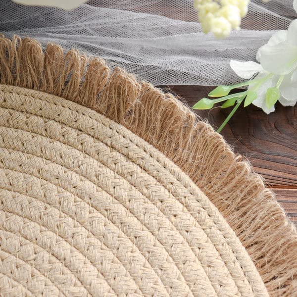 TABLECLOTHSFACTORY 4 Pack | 15" Round Natural Rustic Burlap Jute Placemats Fringed Edges, Farmhouse Placemats with Trim