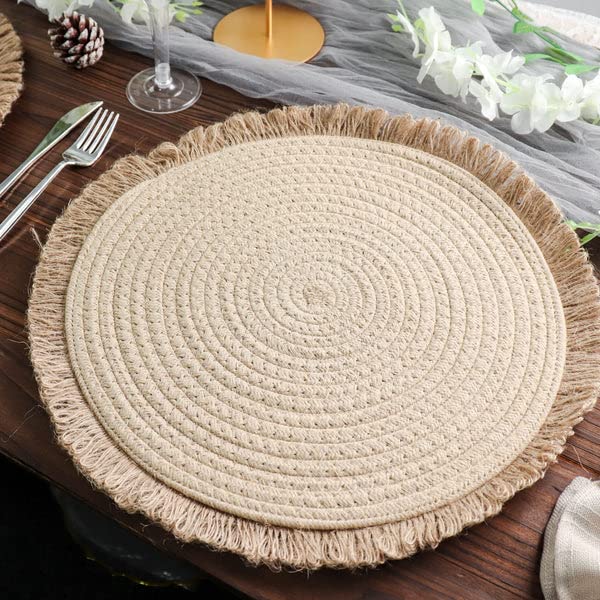 TABLECLOTHSFACTORY 4 Pack | 15" Round Natural Rustic Burlap Jute Placemats Fringed Edges, Farmhouse Placemats with Trim