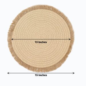 TABLECLOTHSFACTORY 4 Pack | 15" Round Natural Rustic Burlap Jute Placemats Fringed Edges, Farmhouse Placemats with Trim