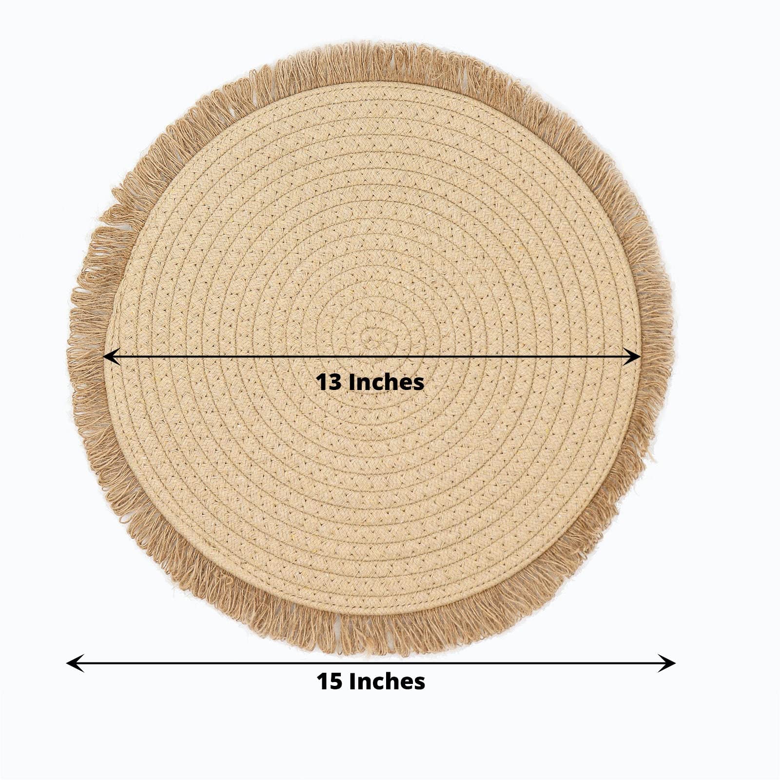 TABLECLOTHSFACTORY 4 Pack | 15" Round Natural Rustic Burlap Jute Placemats Fringed Edges, Farmhouse Placemats with Trim